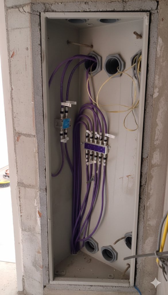 Gabinete de piso de la red de distribución con derivador y cableado coaxial instalado en obra
